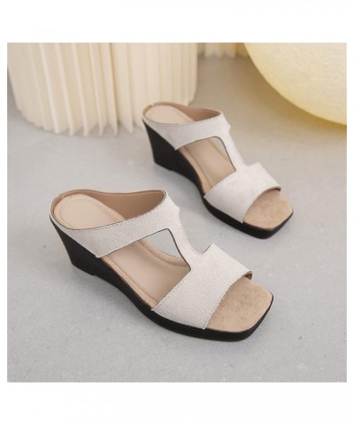 Platform Sandals Ladies Fashion Solid Color Suede Square Open Toe Wedge Heel Sandals Arch Support Thick Sole Sandals Beige $2...