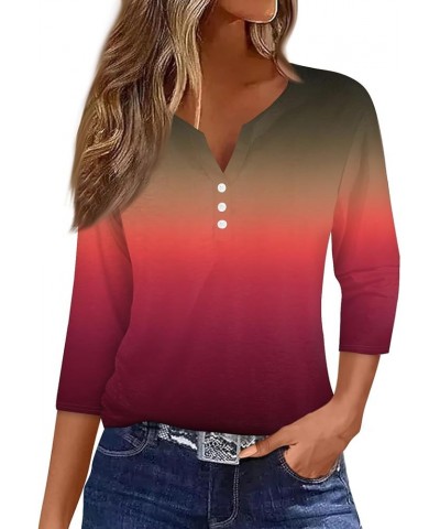 3/4 Sleeve T Shirts for Women Loose Fit V Neck Clothes Button Down Printed Tshirts Casual Henley T Shirts 5-red $11.50 Fashio...