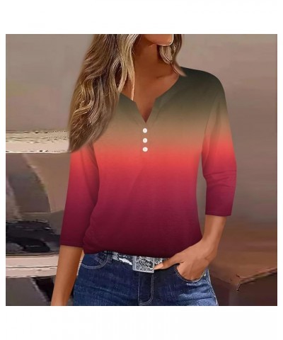 3/4 Sleeve T Shirts for Women Loose Fit V Neck Clothes Button Down Printed Tshirts Casual Henley T Shirts 5-red $11.50 Fashio...