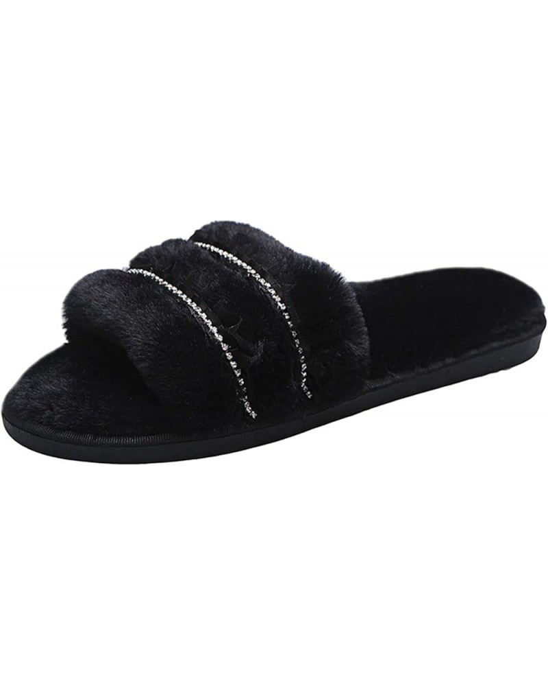 Women's Outer Rhinestone Bottom Large Size Slippers Wear Fashion Furry Flat Women's Slipper Womens Comfy Slippers (Black, 8) ...