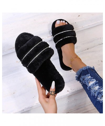 Women's Outer Rhinestone Bottom Large Size Slippers Wear Fashion Furry Flat Women's Slipper Womens Comfy Slippers (Black, 8) ...