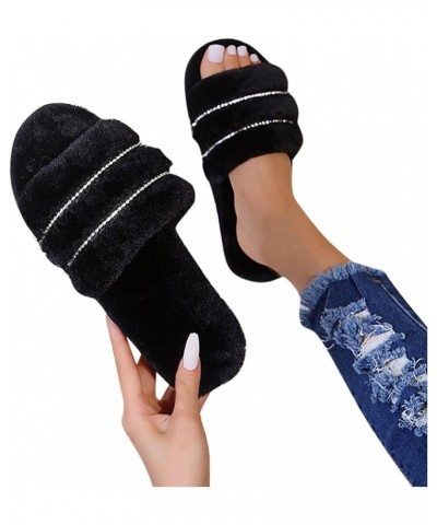 Women's Outer Rhinestone Bottom Large Size Slippers Wear Fashion Furry Flat Women's Slipper Womens Comfy Slippers (Black, 8) ...