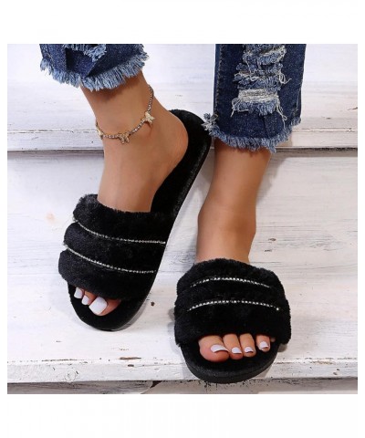 Women's Outer Rhinestone Bottom Large Size Slippers Wear Fashion Furry Flat Women's Slipper Womens Comfy Slippers (Black, 8) ...