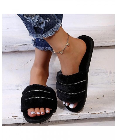 Women's Outer Rhinestone Bottom Large Size Slippers Wear Fashion Furry Flat Women's Slipper Womens Comfy Slippers (Black, 8) ...