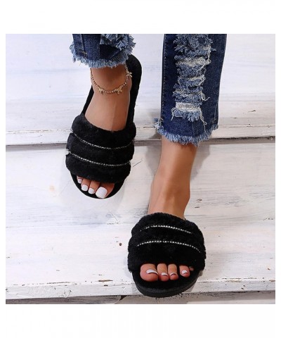 Women's Outer Rhinestone Bottom Large Size Slippers Wear Fashion Furry Flat Women's Slipper Womens Comfy Slippers (Black, 8) ...