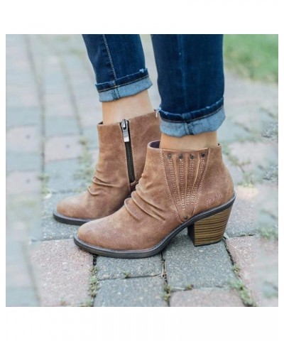 Sqaure Toe Boots Pointed Toe Chelsea Boots High Chunky Heel Side Zipper Slim Fit Ankle Boots Brown $24.33 Boots