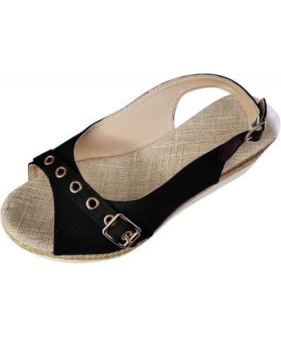 Sandals for Women Ladies Fashion Solid Color Canvas Open Toe Belt Buckle Decorative Thick Sole Slope Heel Sandals Black $20.8...