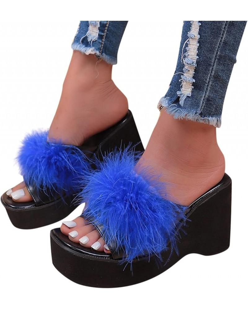 Wedge Sandals for Women Fashion Fluffy Feather Open Toe Platform Slides Sandals Casual Summer Slip On Walking Mules Comfortab...