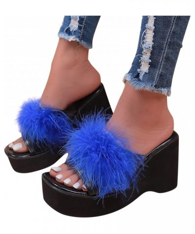 Wedge Sandals for Women Fashion Fluffy Feather Open Toe Platform Slides Sandals Casual Summer Slip On Walking Mules Comfortab...