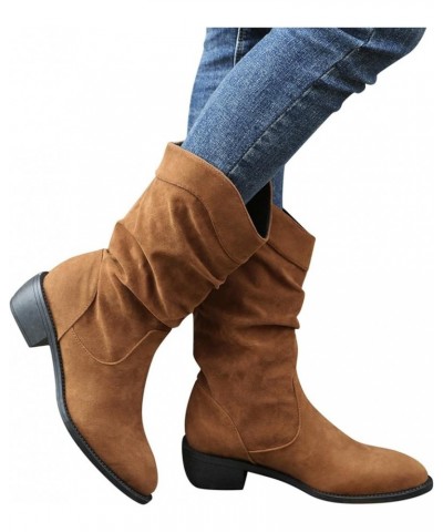 Women's Mid Calf Winter Boots Fashion Low Heel Calf Boots Slouch Weather Boots Classic Round Toe Ankle Booties 6 Brown $19.96...