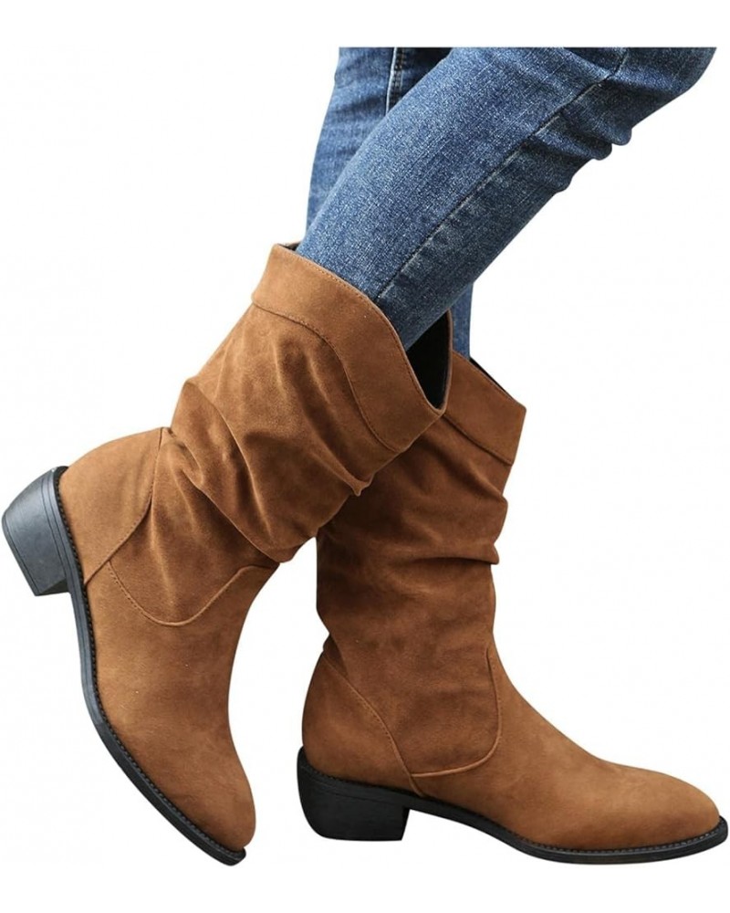 Women's Mid Calf Winter Boots Fashion Low Heel Calf Boots Slouch Weather Boots Classic Round Toe Ankle Booties 6 Brown $19.96...