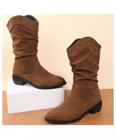 Women's Mid Calf Winter Boots Fashion Low Heel Calf Boots Slouch Weather Boots Classic Round Toe Ankle Booties 6 Brown $19.96...