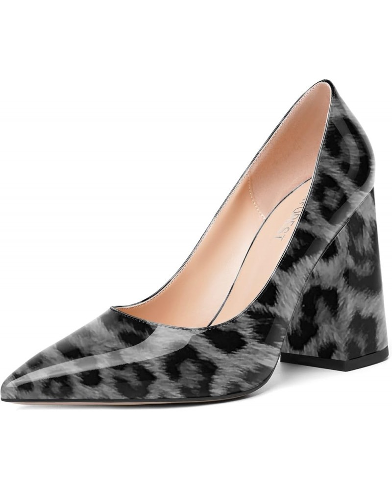 Womens Slip On Pointed Toe Patent Evening Sexy Block High Heel Pumps Shoes 4 Inch Grey Leopard $26.88 Pumps