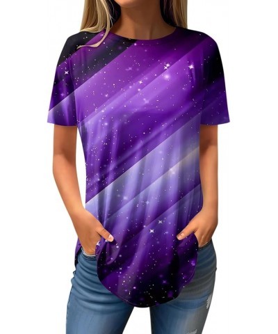 Short Sleeve Tops for Women Comfy Printed Blouse Dress Casual Loose O Neck Tops 2024 Tees Plus Size Pullover T Shirt 2-purple...