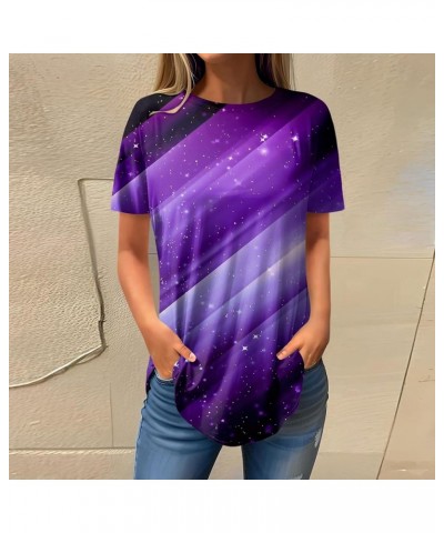 Short Sleeve Tops for Women Comfy Printed Blouse Dress Casual Loose O Neck Tops 2024 Tees Plus Size Pullover T Shirt 2-purple...