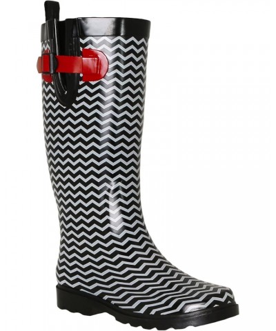 Ladies Shiny Tall Rubber Cozy Lined Rain Boots Chevron Black Combo Size 10 $22.65 Outdoor Shoes