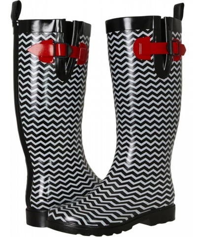 Ladies Shiny Tall Rubber Cozy Lined Rain Boots Chevron Black Combo Size 10 $22.65 Outdoor Shoes