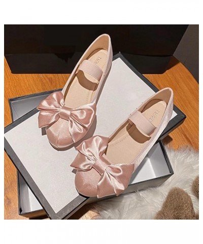 Women's Round Toe Ballet Flat Elastic Strap Comfortable Flats Shoes Slip On Casual Dress Shoes Pink Bow $16.72 Flats