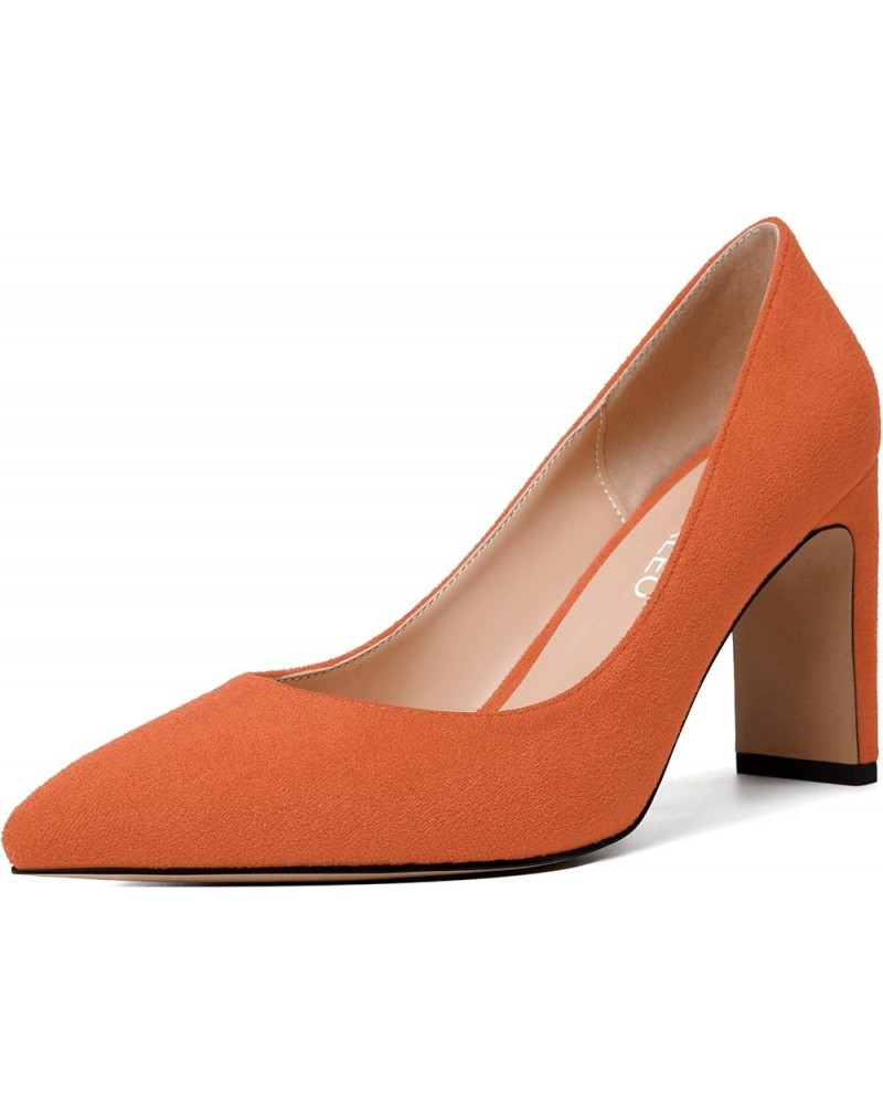 Womens Pointed Toe Suede Evening Casual Slip On Solid Block High Heel Pumps Shoes 3.3 Inch Orange $29.21 Pumps