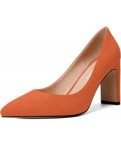 Womens Pointed Toe Suede Evening Casual Slip On Solid Block High Heel Pumps Shoes 3.3 Inch Orange $29.21 Pumps