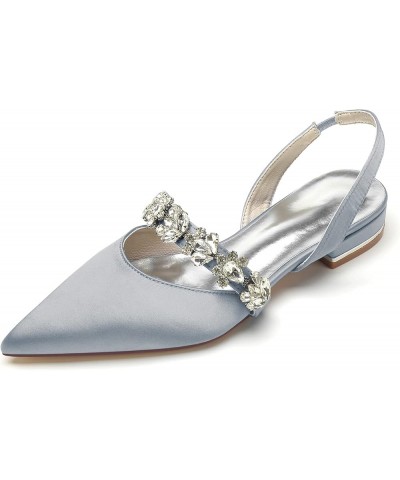 Satin Flat Bridal Shoes for Women Pointed Toe Ballet Pumps Rhinestones Slingback Wedding Evening Party Shoes 18448-27A Silver...