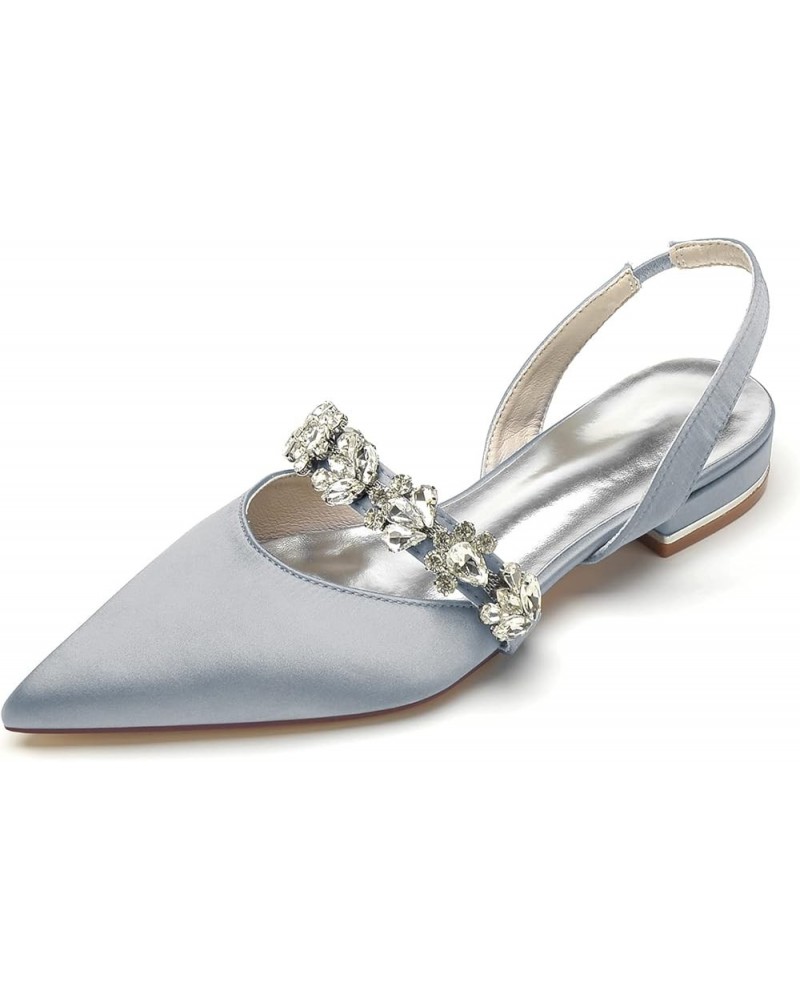 Satin Flat Bridal Shoes for Women Pointed Toe Ballet Pumps Rhinestones Slingback Wedding Evening Party Shoes 18448-27A Silver...