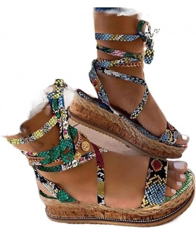 Women Wedge Sandals Summer Shoes Ethnic Print Fashion Casual Shoes Lace Up Shoes Woman Beach Shoes Sandals (Color : Yellow, S...