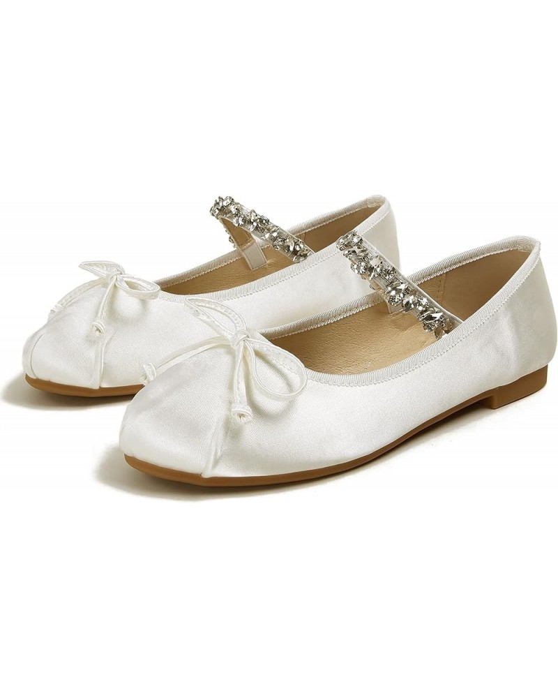 Women's Flat Shoes Soft Satin Cute Round Toe Ballet Shoes with One-Shaped Rhinestone Strap White $13.91 Flats