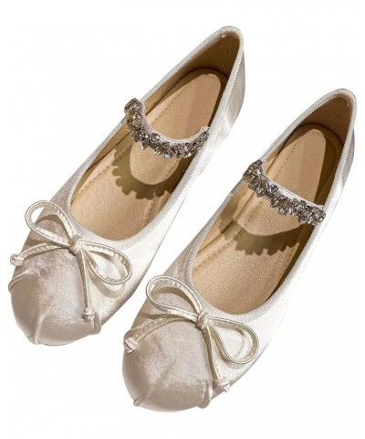 Women's Flat Shoes Soft Satin Cute Round Toe Ballet Shoes with One-Shaped Rhinestone Strap White $13.91 Flats