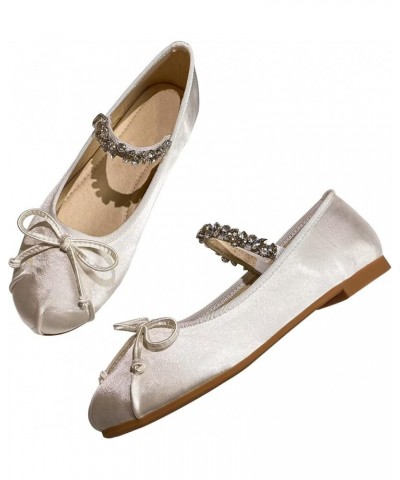 Women's Flat Shoes Soft Satin Cute Round Toe Ballet Shoes with One-Shaped Rhinestone Strap White $13.91 Flats