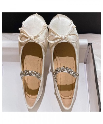 Women's Flat Shoes Soft Satin Cute Round Toe Ballet Shoes with One-Shaped Rhinestone Strap White $13.91 Flats