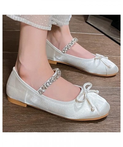 Women's Flat Shoes Soft Satin Cute Round Toe Ballet Shoes with One-Shaped Rhinestone Strap White $13.91 Flats