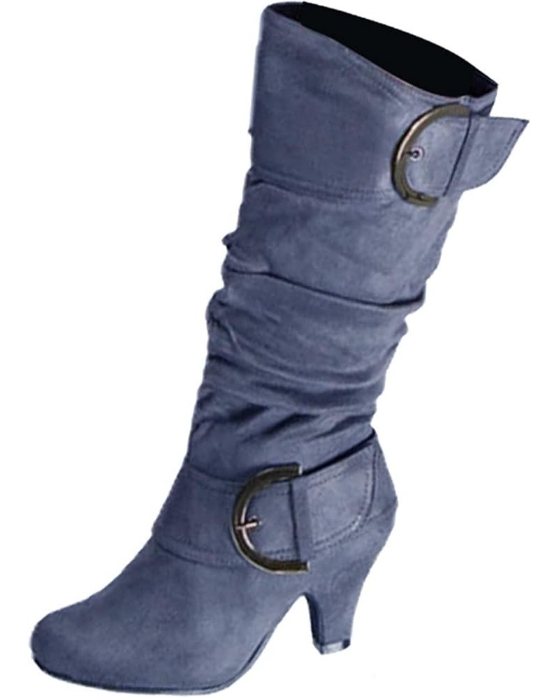 Women's Fashion Round Toe High Heel Platform Zipper Knee High Boots Grey $27.84 Boots