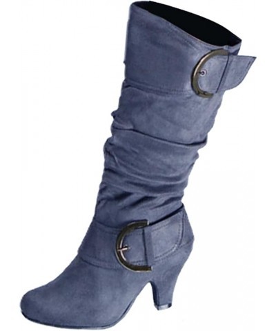 Women's Fashion Round Toe High Heel Platform Zipper Knee High Boots Grey $27.84 Boots