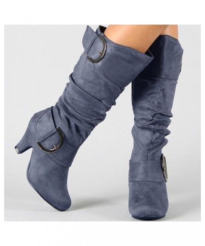 Women's Fashion Round Toe High Heel Platform Zipper Knee High Boots Grey $27.84 Boots