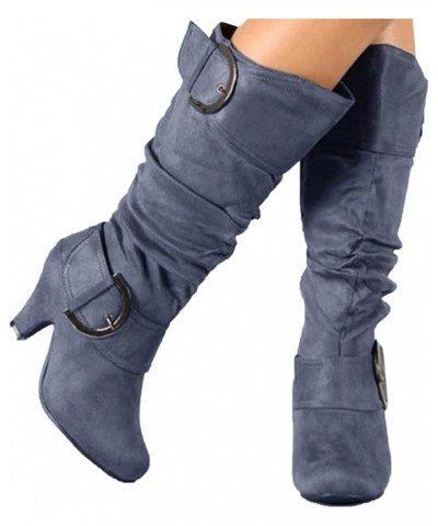 Women's Fashion Round Toe High Heel Platform Zipper Knee High Boots Grey $27.84 Boots