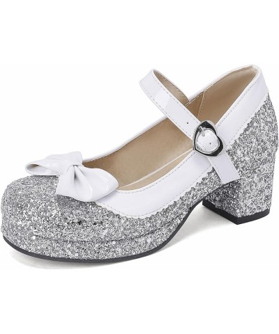 Sequin Glitter Mary Jane Pumps Chunky Block Heels Lolita Sparkly Platform Buckled Uniform Dress Shoes Silver $17.99 Pumps