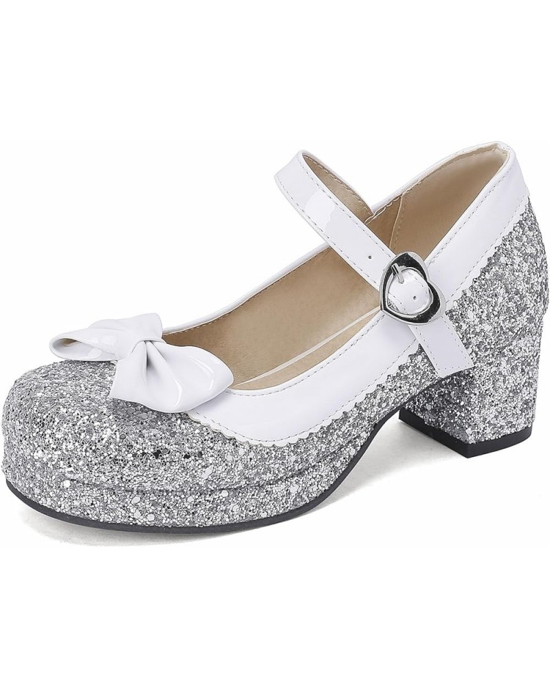 Sequin Glitter Mary Jane Pumps Chunky Block Heels Lolita Sparkly Platform Buckled Uniform Dress Shoes Silver $17.99 Pumps