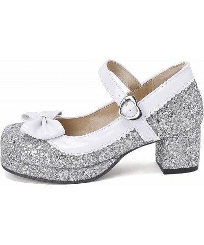 Sequin Glitter Mary Jane Pumps Chunky Block Heels Lolita Sparkly Platform Buckled Uniform Dress Shoes Silver $17.99 Pumps