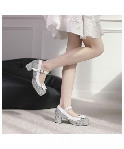 Sequin Glitter Mary Jane Pumps Chunky Block Heels Lolita Sparkly Platform Buckled Uniform Dress Shoes Silver $17.99 Pumps