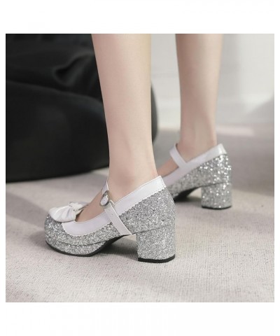 Sequin Glitter Mary Jane Pumps Chunky Block Heels Lolita Sparkly Platform Buckled Uniform Dress Shoes Silver $17.99 Pumps