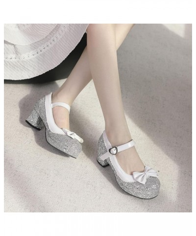 Sequin Glitter Mary Jane Pumps Chunky Block Heels Lolita Sparkly Platform Buckled Uniform Dress Shoes Silver $17.99 Pumps