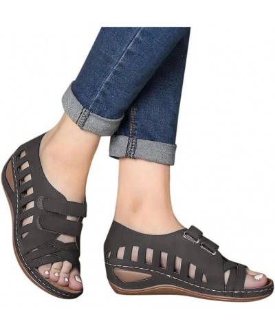 Casual Comfort Wedge Sandals for Women, Retro Hollow Peep Toe Arch Support Sandals Solid Color Velcro Summer Leisure Sandals ...