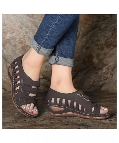 Casual Comfort Wedge Sandals for Women, Retro Hollow Peep Toe Arch Support Sandals Solid Color Velcro Summer Leisure Sandals ...