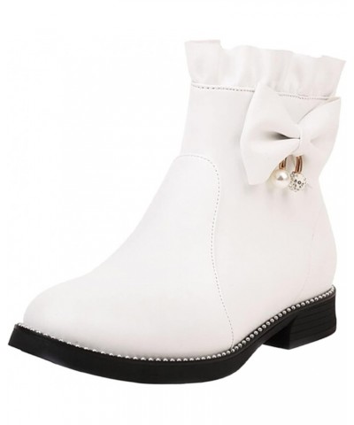 Ankle Shoes Ladies Cute Fashion Bow Solid Color Flat Round Toe Square Heel Short Student Style Boots White $32.47 Boots