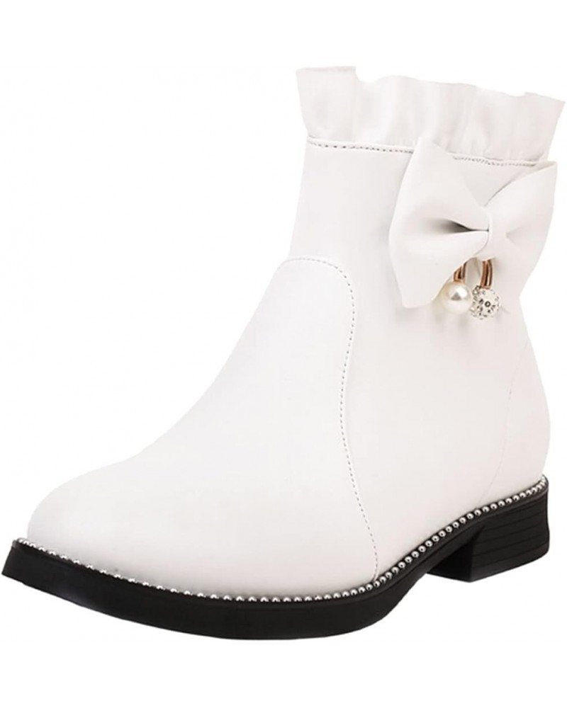 Ankle Shoes Ladies Cute Fashion Bow Solid Color Flat Round Toe Square Heel Short Student Style Boots White $32.47 Boots