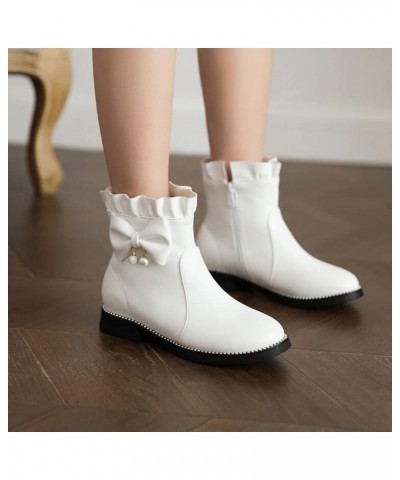 Ankle Shoes Ladies Cute Fashion Bow Solid Color Flat Round Toe Square Heel Short Student Style Boots White $32.47 Boots