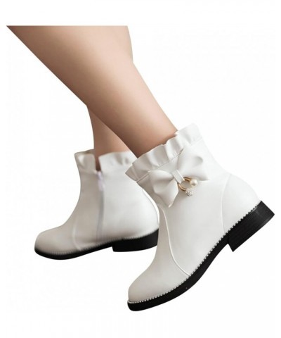 Ankle Shoes Ladies Cute Fashion Bow Solid Color Flat Round Toe Square Heel Short Student Style Boots White $32.47 Boots