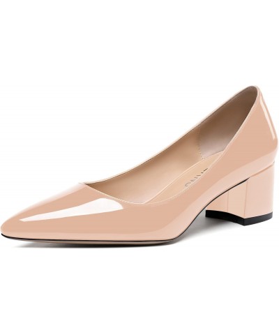 Women's Beige Low Heel 2 Inch Chunky Solid Patent Slip On Pointed Toe Pumps Shoes Size 8 - Tacones de Mujer Altos $26.88 Pumps