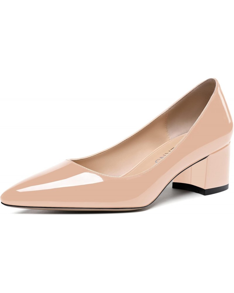 Women's Beige Low Heel 2 Inch Chunky Solid Patent Slip On Pointed Toe Pumps Shoes Size 8 - Tacones de Mujer Altos $26.88 Pumps